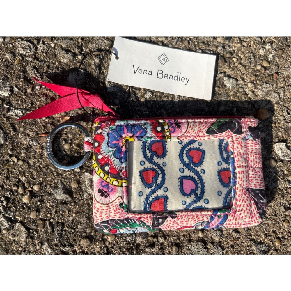 Vera Bradley Zip ID Case Quilted Cotton Floral Keychain Wallet Multi-Color NEW